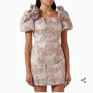 Elliatt Ivory Mini Dress with Pastel Metallic Floral Embroidery and 3D Rosettes